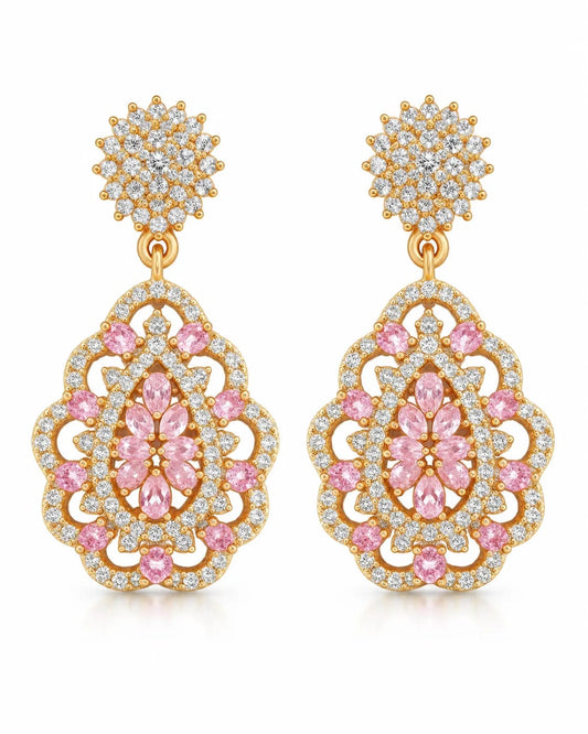 Roselle Pink Floral Antique Gold Drop Earrings