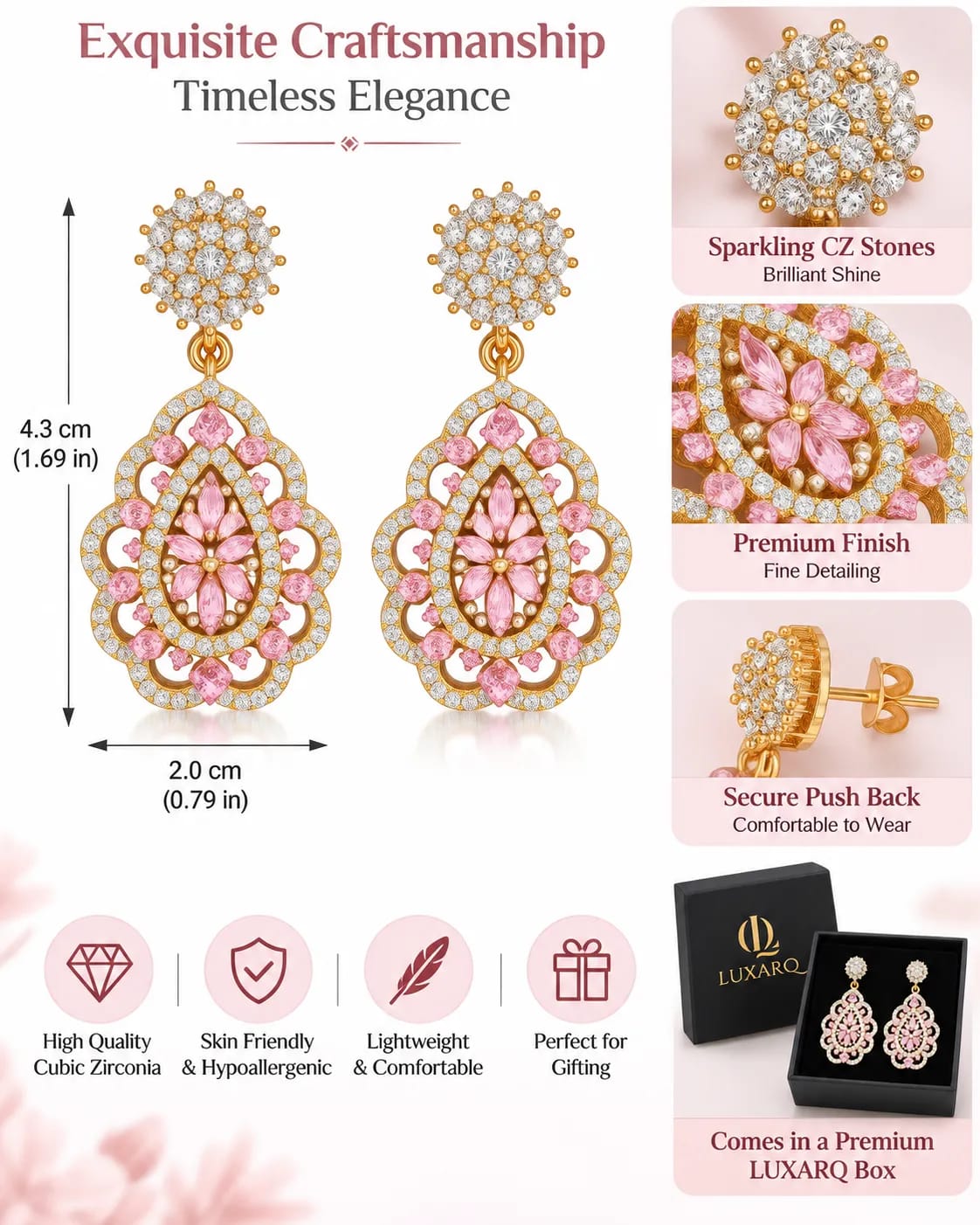 Roselle Pink Floral Antique Gold Drop Earrings