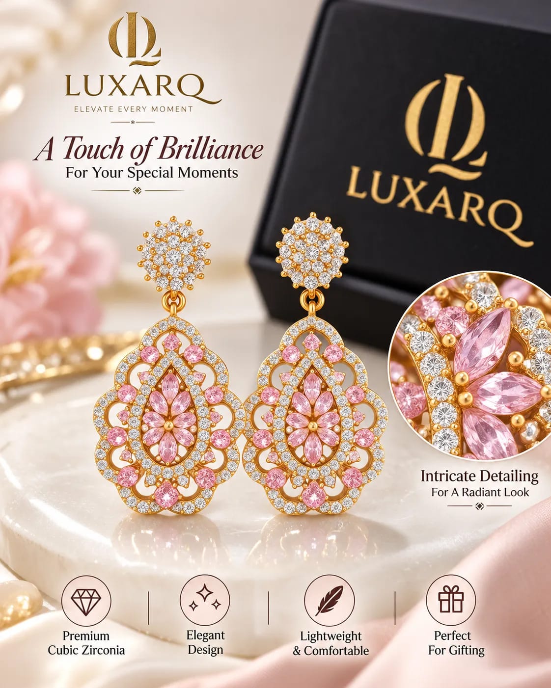 Roselle Pink Floral Antique Gold Drop Earrings