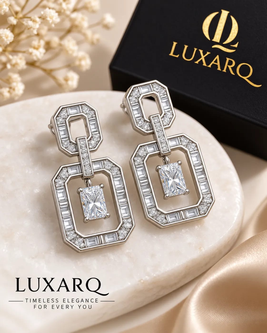Crystelle Silver-Tone Geometric CZ Drop Earrings