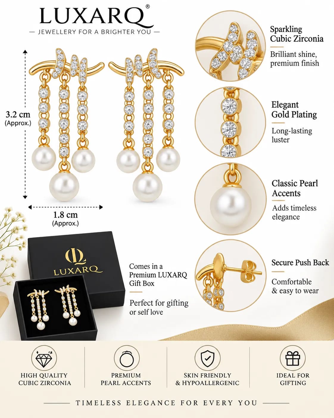 LUXARQ Gold-Plated Pearl Drop Earrings
