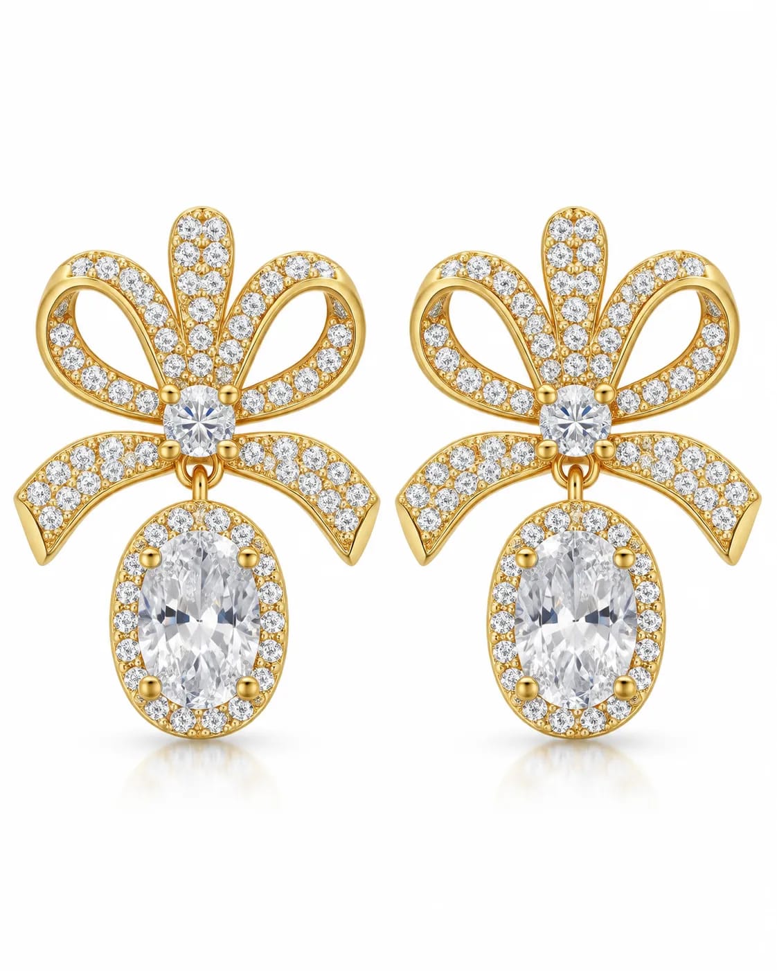 Pearlina Golden Bow CZ Drop Earrings