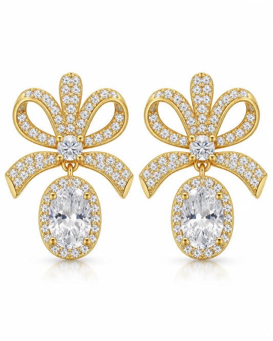 Pearlina Golden Bow CZ Drop Earrings