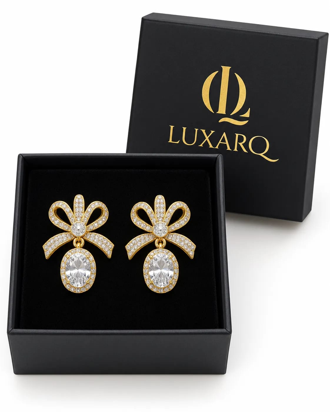 Pearlina Golden Bow CZ Drop Earrings