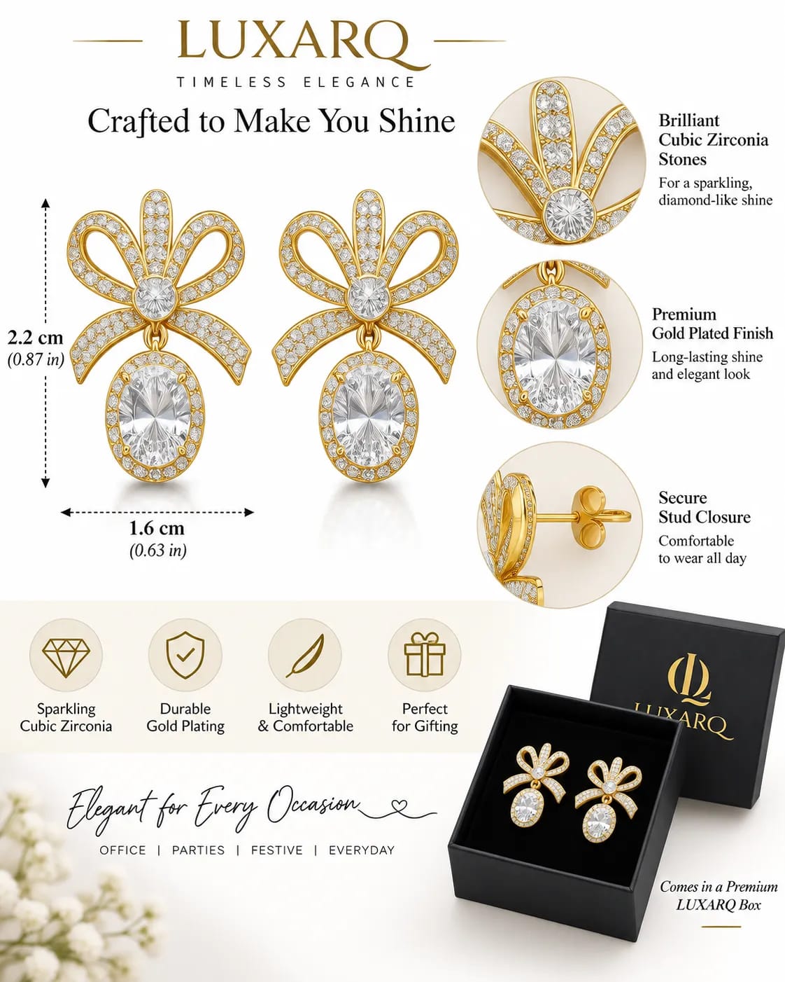 Pearlina Golden Bow CZ Drop Earrings