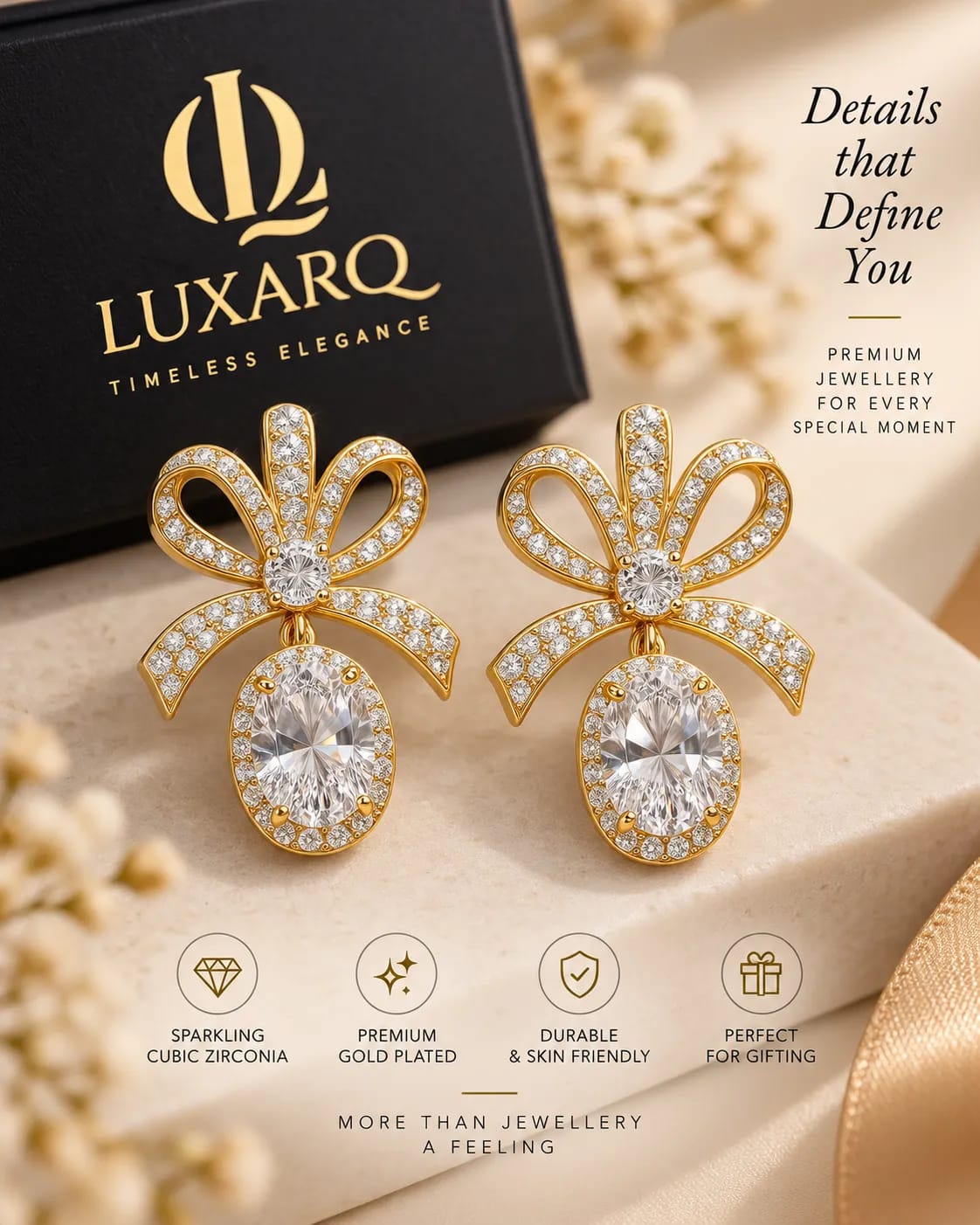 Pearlina Golden Bow CZ Drop Earrings