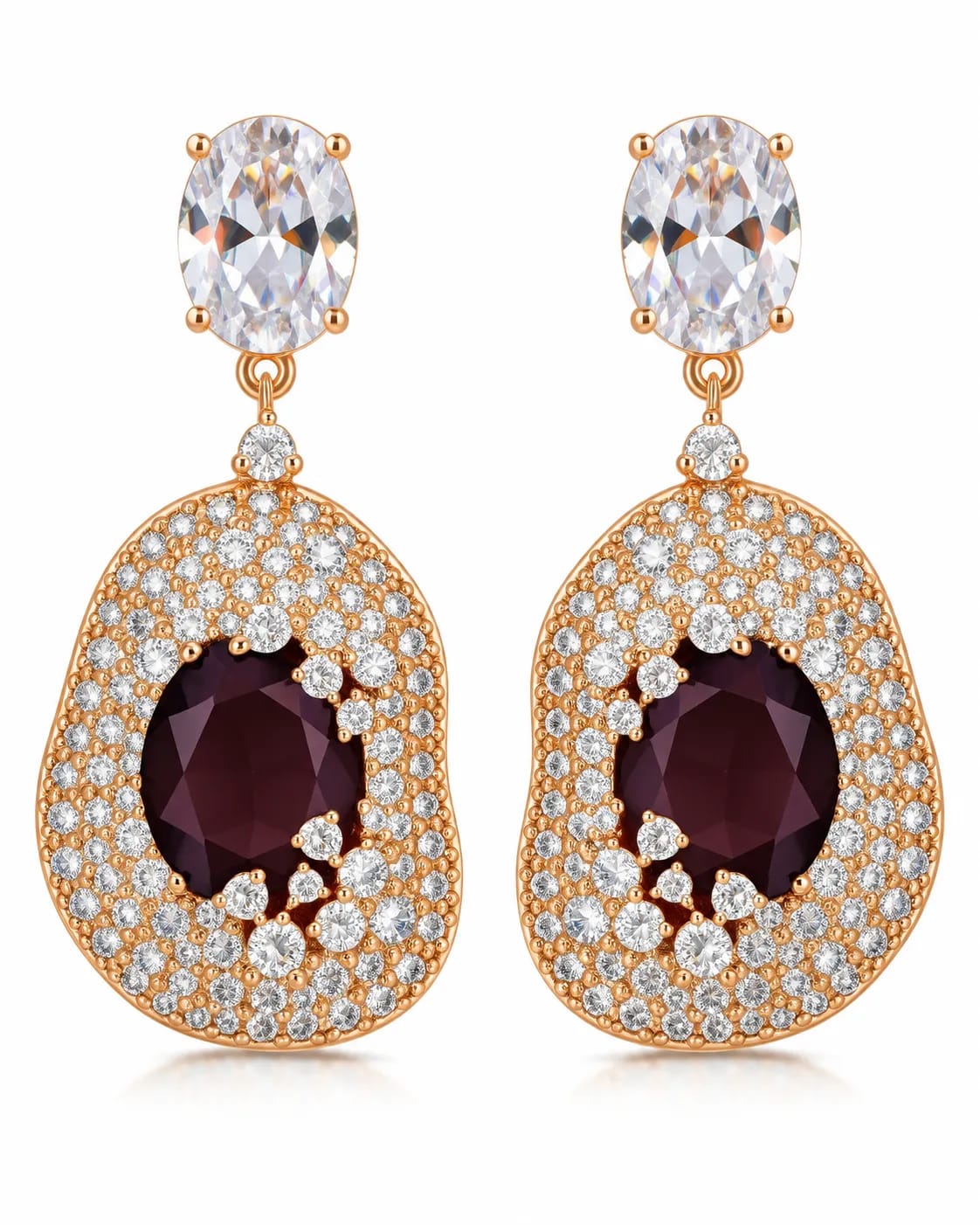 Burgundy Halo CZ Statement Drop Earrings
