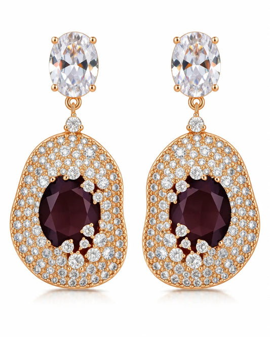 Burgundy Halo CZ Statement Drop Earrings