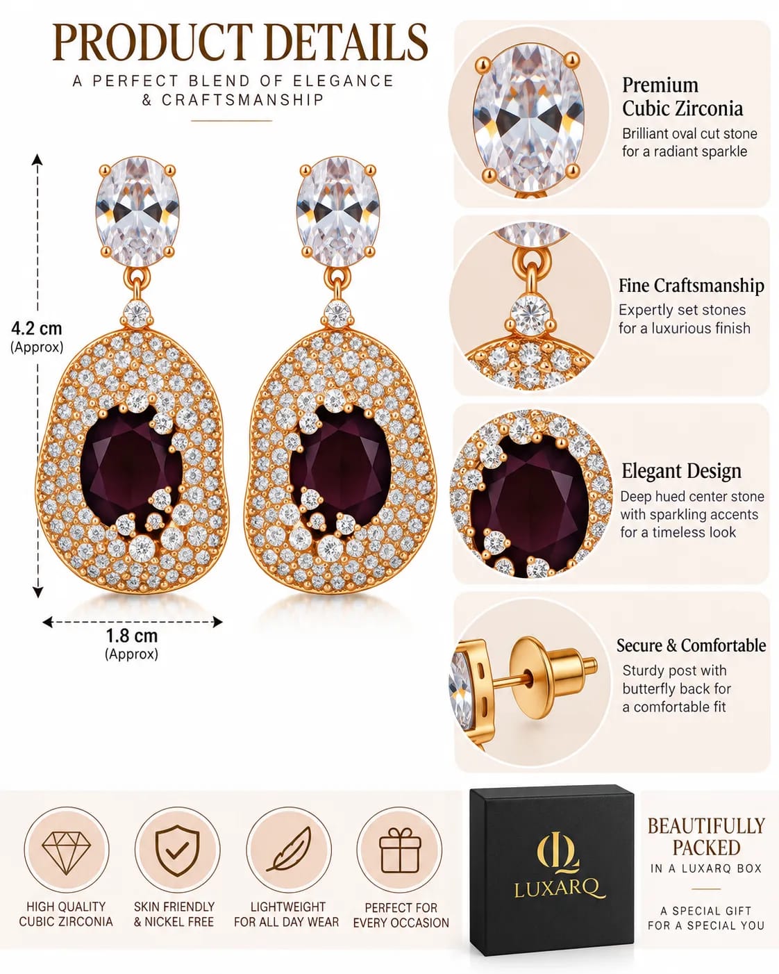Burgundy Halo CZ Statement Drop Earrings
