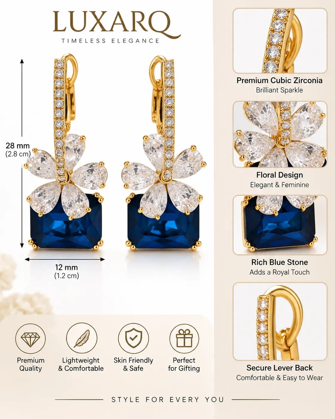 LUXARQ Blue Floral Cubic Zirconia Drop Earrings
