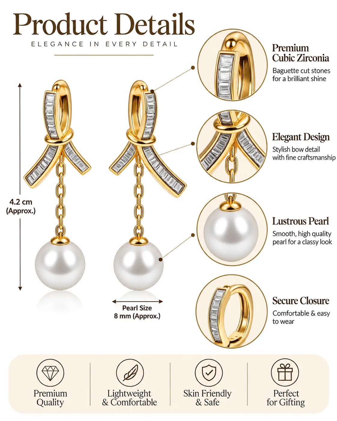 Pearlina Gold Bow Pearl Drop Earrings