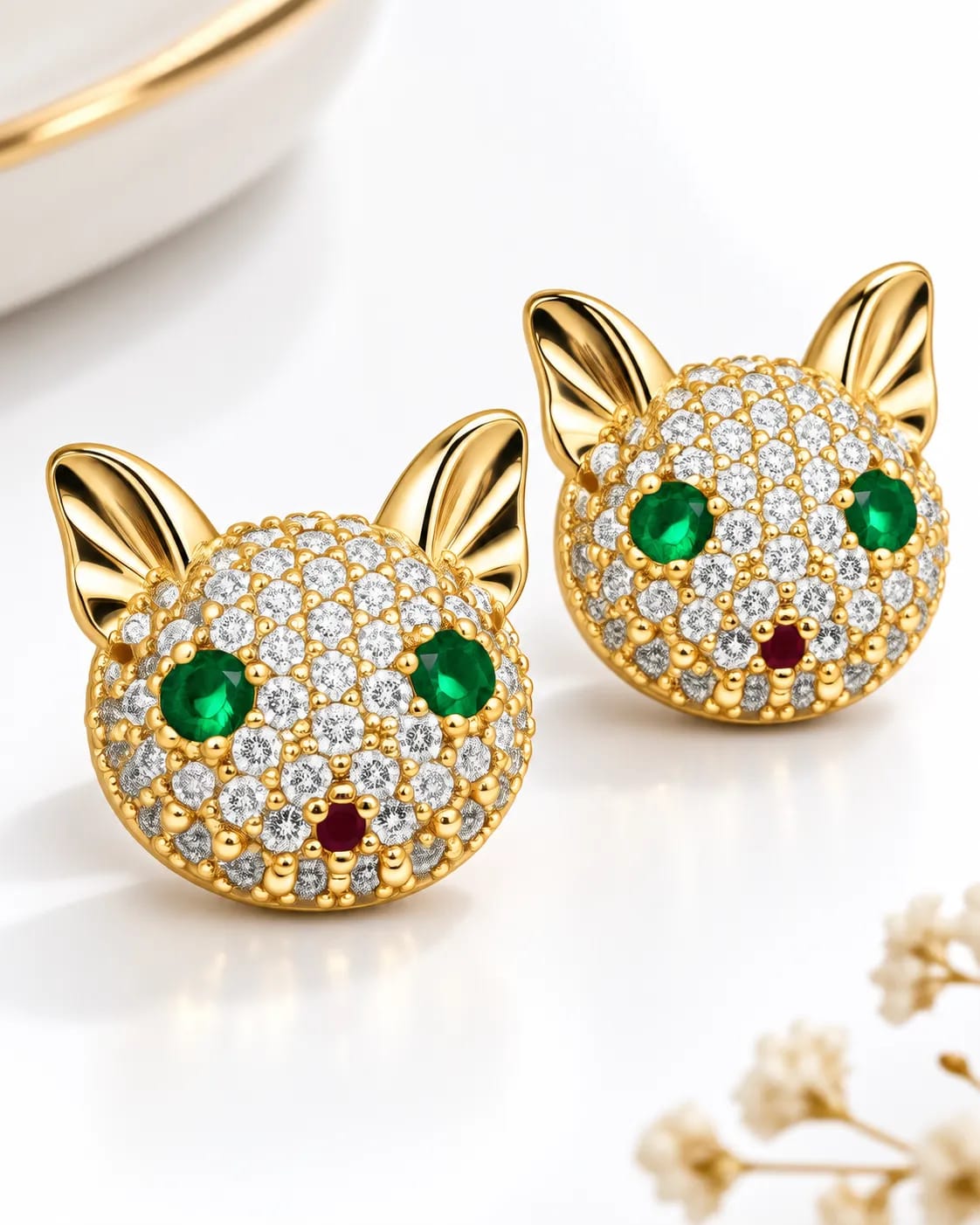 Feline Cat Face CZ Stud Earrings