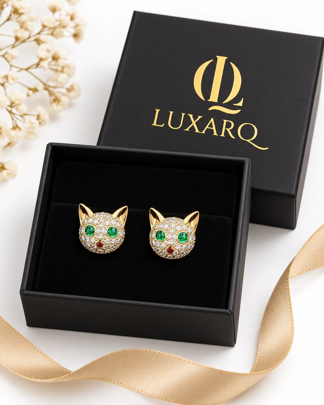 Feline Cat Face CZ Stud Earrings