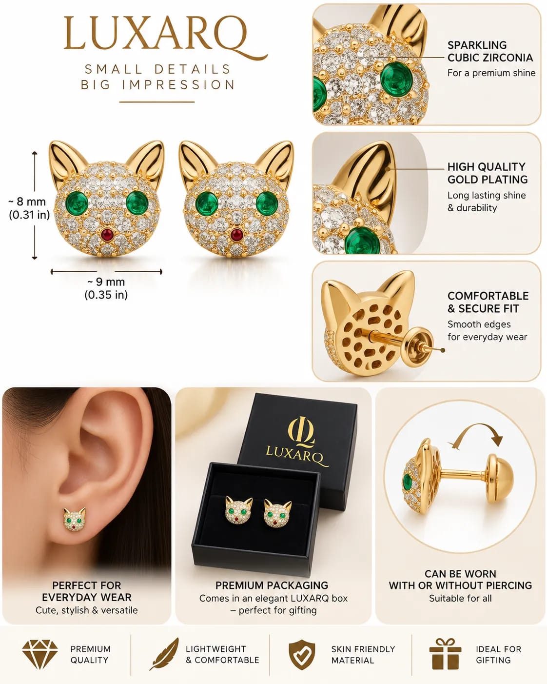 Feline Cat Face CZ Stud Earrings