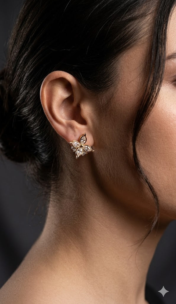 Golden Floral Crystal Stud Earrings